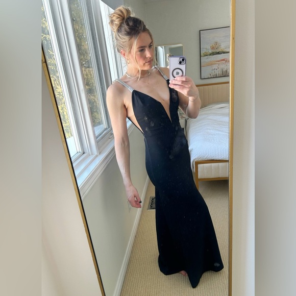 Fashion Nova Black Gala Dress With Rhinestone Straps - Picture 1 of 9